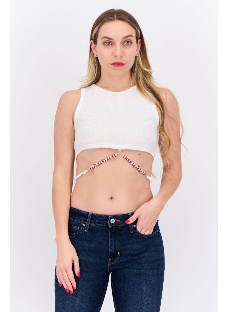Bershka Women Crew Neck Sleeveless Textured Top, White  - Image 1