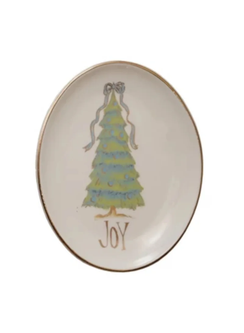 The Saffron Souk Oval Stoneware Dish with Christmas Tree - Joy