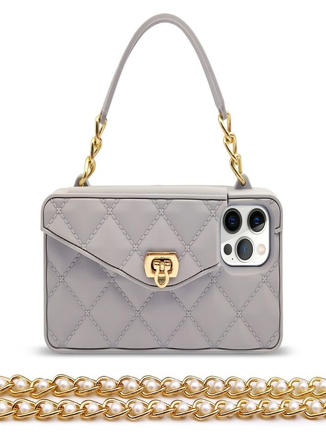 أوميو جراب محفظة فاخر من أوميو لهاتف آيفون 16 برو ماكس، مزود بحامل بطاقات وسلسلة طويلة مزينة باللؤلؤ، مع حبل كتف وحزام معصم، مصنوع من السيليكون الناعم، مناسب للنساء والفتيات، لون رمادي. - Image 1