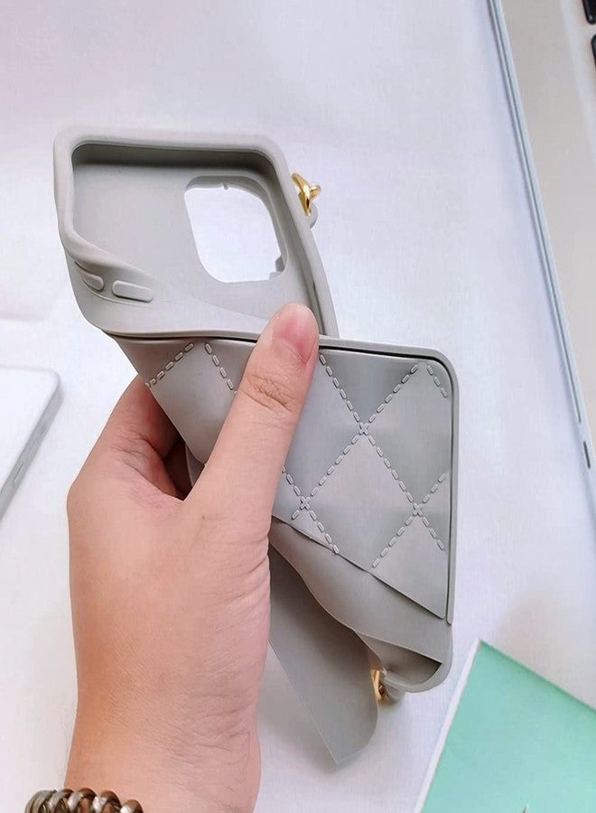 أوميو جراب محفظة فاخر من أوميو لهاتف آيفون 16 برو ماكس، مزود بحامل بطاقات وسلسلة طويلة مزينة باللؤلؤ، مع حبل كتف وحزام معصم، مصنوع من السيليكون الناعم، مناسب للنساء والفتيات، لون رمادي. - Image 3