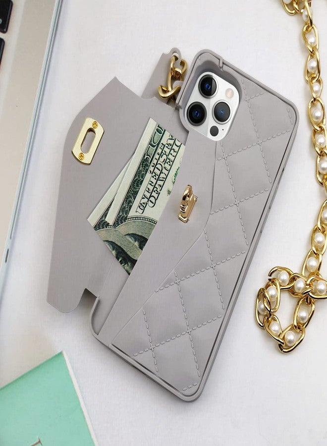أوميو جراب محفظة فاخر من أوميو لهاتف آيفون 16 برو ماكس، مزود بحامل بطاقات وسلسلة طويلة مزينة باللؤلؤ، مع حبل كتف وحزام معصم، مصنوع من السيليكون الناعم، مناسب للنساء والفتيات، لون رمادي. - Image 2