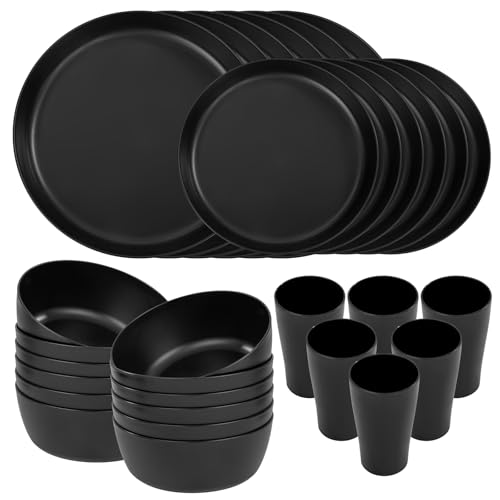 ejonirinjonir EI 24pcs Black Wheat Straw Plates,Wheat Straw Dinnerware Set,Plates and Bowls Sets,Reuasble Plate,Unbreakable Dinner Plate Heavy Duty Plastic for Picnic Outdoor Activities Dormitory Kitchen - Image 1