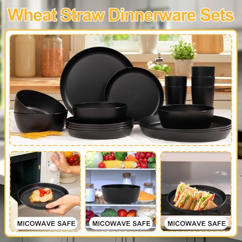 ejonirinjonir EI 24pcs Black Wheat Straw Plates,Wheat Straw Dinnerware Set,Plates and Bowls Sets,Reuasble Plate,Unbreakable Dinner Plate Heavy Duty Plastic for Picnic Outdoor Activities Dormitory Kitchen - Image 3