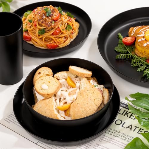 ejonirinjonir EI 24pcs Black Wheat Straw Plates,Wheat Straw Dinnerware Set,Plates and Bowls Sets,Reuasble Plate,Unbreakable Dinner Plate Heavy Duty Plastic for Picnic Outdoor Activities Dormitory Kitchen - Image 4