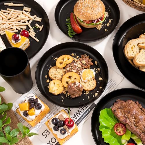 ejonirinjonir EI 24pcs Black Wheat Straw Plates,Wheat Straw Dinnerware Set,Plates and Bowls Sets,Reuasble Plate,Unbreakable Dinner Plate Heavy Duty Plastic for Picnic Outdoor Activities Dormitory Kitchen - Image 2