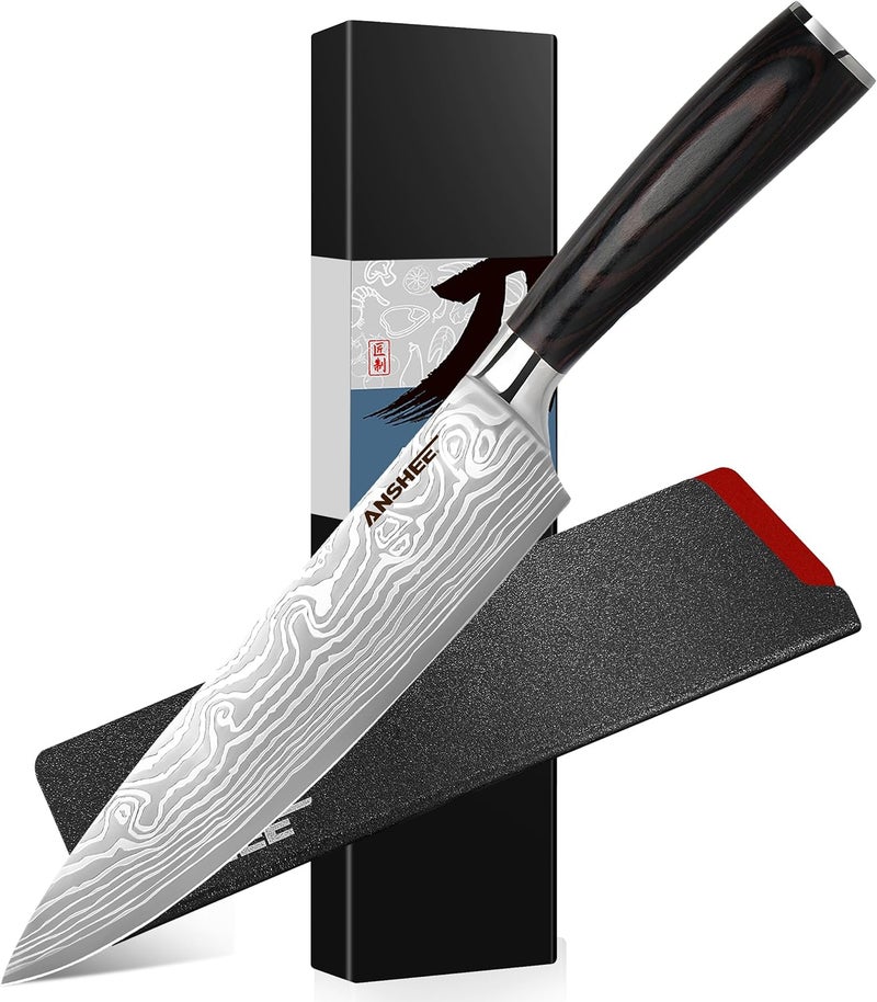 anshee 8 Inch Japanese Gyuto Chef Knife with Sheath - High Carbon Stainless Steel Ultra Sharp Blade, Professional Kitchen Knife for Meat, Vegetables&Fruits with Sheath&Gift Box(Home Cooks&Restaurants) - Image 1
