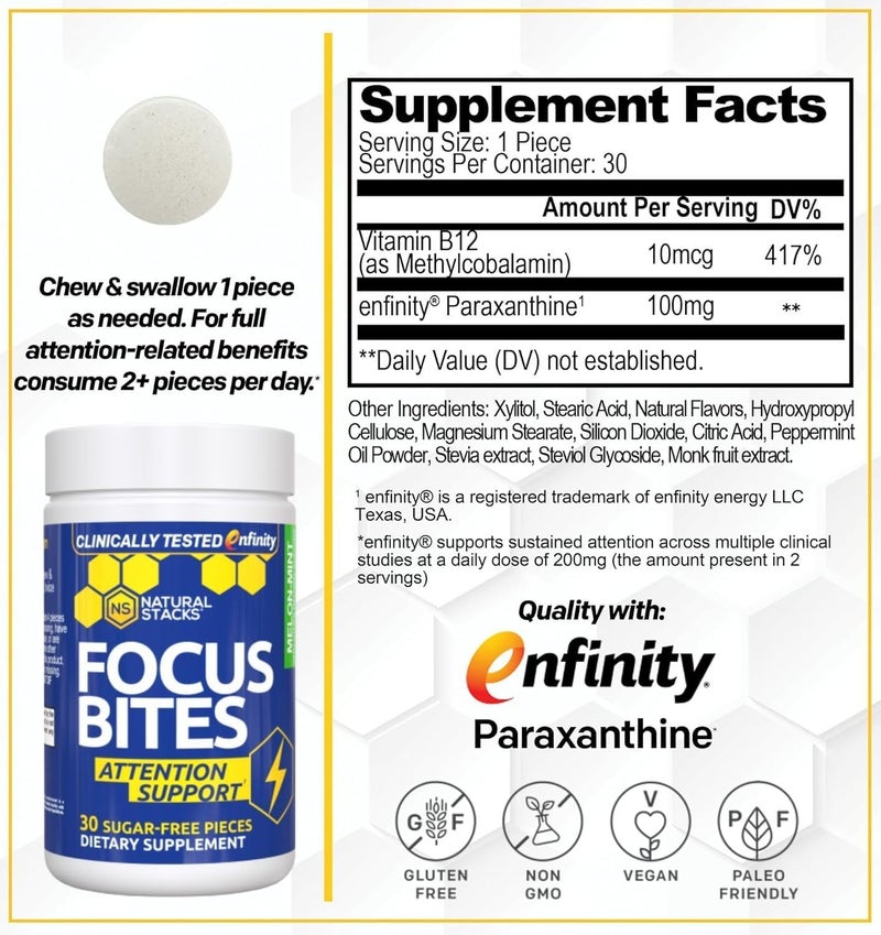 Natural Stacks لقيمات التركيز من NATURAL STACKS للإنتاجية والإدراك مكمل باراكساثين المختبر سريرياً سريع المفعول تحفيز نظيف مكمل خالي من الكافيين للتعلم 30 حبة بطيخ بالنعناع - Image 2