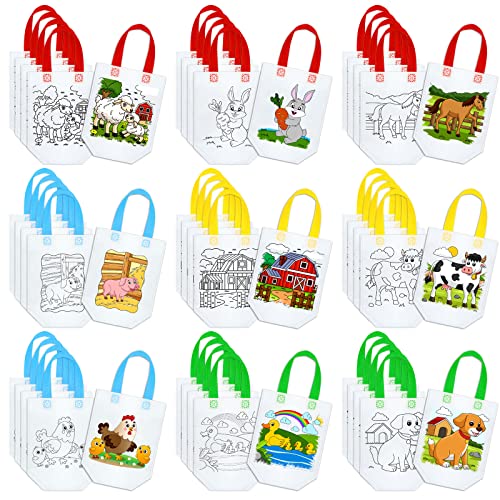 Kacctyen 45 Pcs Farm Animals Color Your Own Goodie Bags Craft Bulk Reusable Coloring Art Party Favor Paint Graffiti Bags for Farm Theme Barnyard Birthday 9 Styles - Image 1