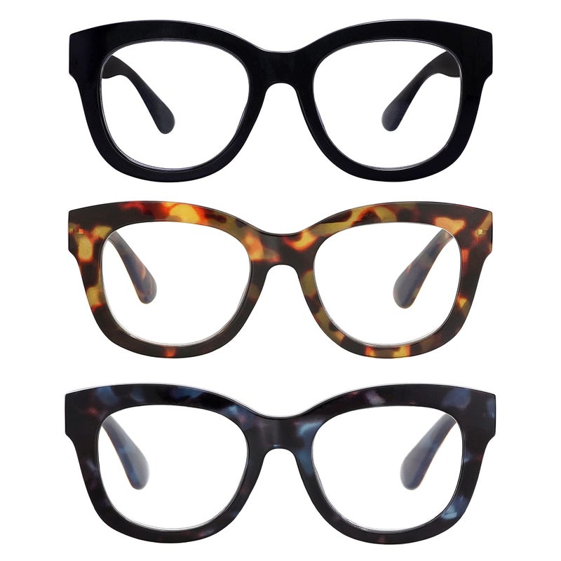 AMOMOMA 3 Pack Retro Oversized Reading Glasses for Women Blue Light Blocking Computer Readers Spring hinge AM6003 with Black+Brown+Blue Tortoise Frame 1.00 x - Image 1