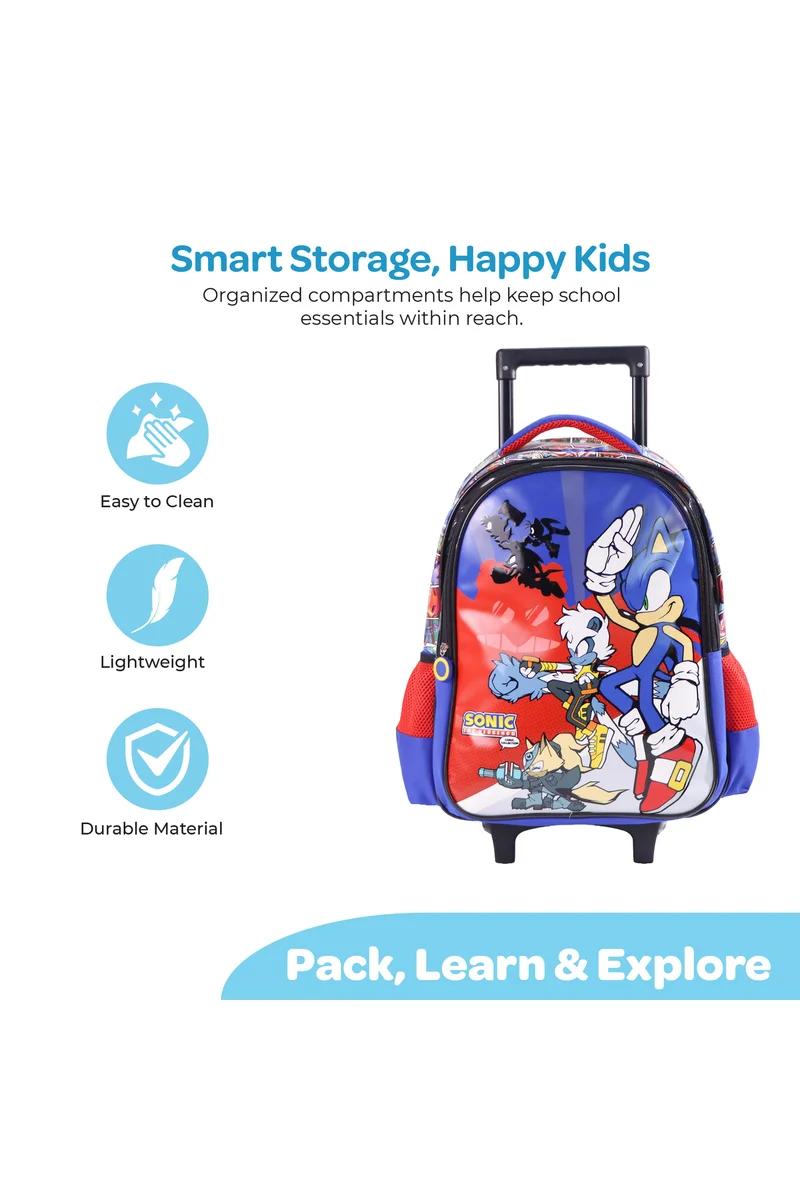 مون MOON Licensed  SONIC  the Hedgehog  3 in 1 Kids Trolley Set   - (16-Inch) Premium Kids School Bag with Lunch Bag & Pencil Case-Red&Blue