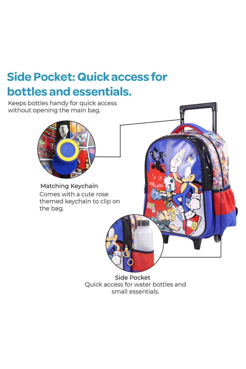 مون MOON Licensed  SONIC  the Hedgehog  3 in 1 Kids Trolley Set   - (16-Inch) Premium Kids School Bag with Lunch Bag & Pencil Case-Red&Blue
