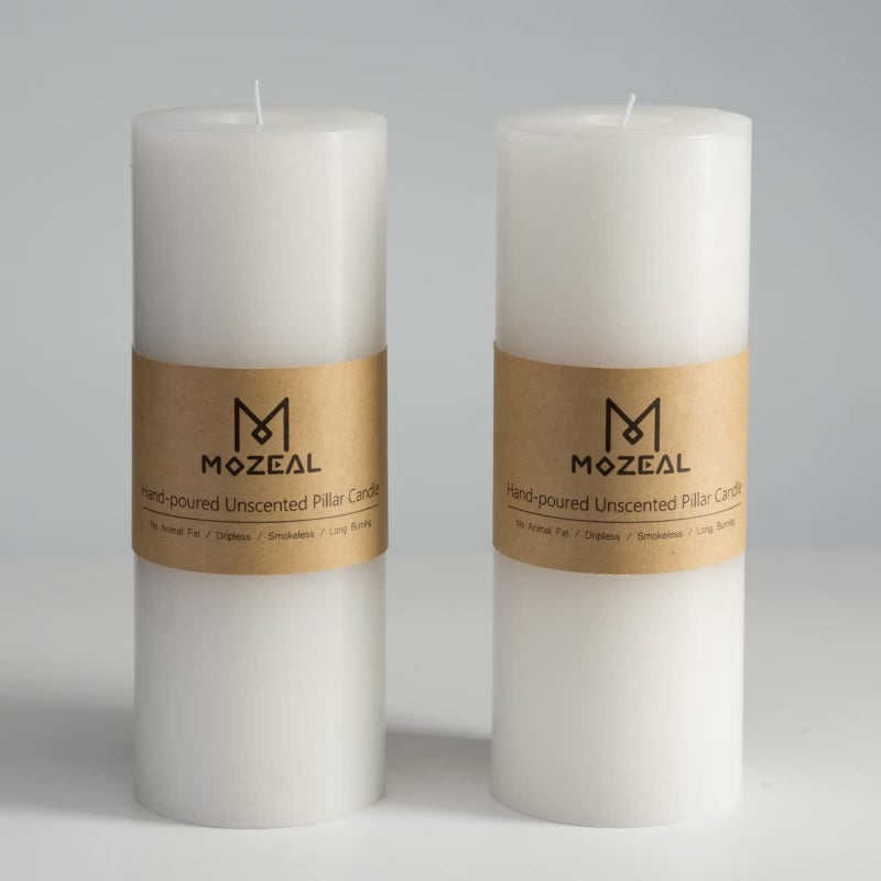 MOZEAL 3 x 8 HandPoured Unscented Large CandleSmokeless Rustic Pillar Candle Set of 2Slow BurnNo DripApprox 150 Hours BurningWeddingDinnerChristmas and Home DecorativeTall White Candle