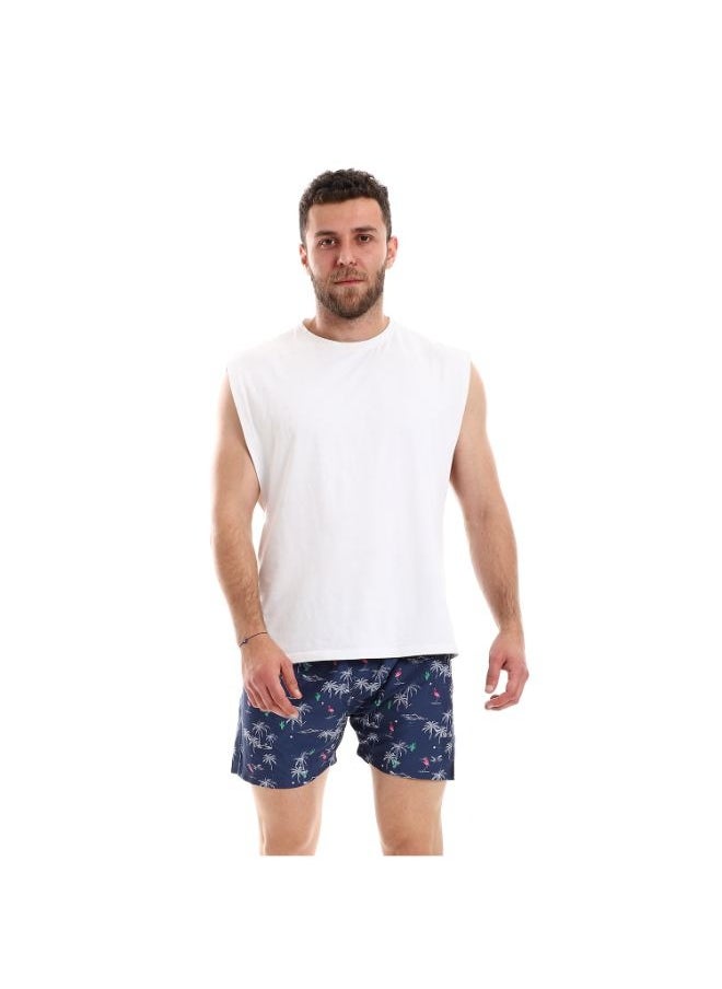 Pavone - Flamingo & Palm Trees Patterned Elastic Waist Swim Short - Navy Blue, White & Green-Multicolor - Image 1