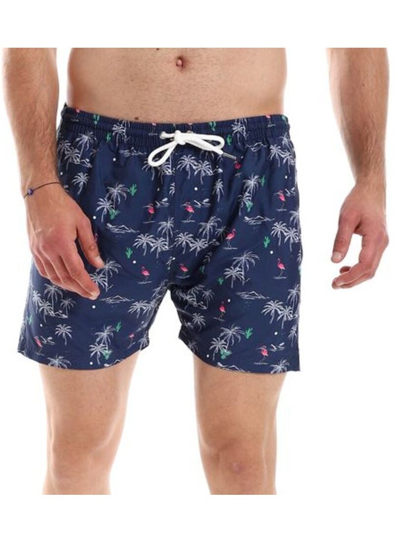 Pavone - Flamingo & Palm Trees Patterned Elastic Waist Swim Short - Navy Blue, White & Green-Multicolor - Image 1