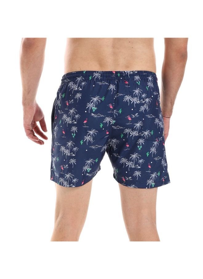 Pavone - Flamingo & Palm Trees Patterned Elastic Waist Swim Short - Navy Blue, White & Green-Multicolor - Image 1