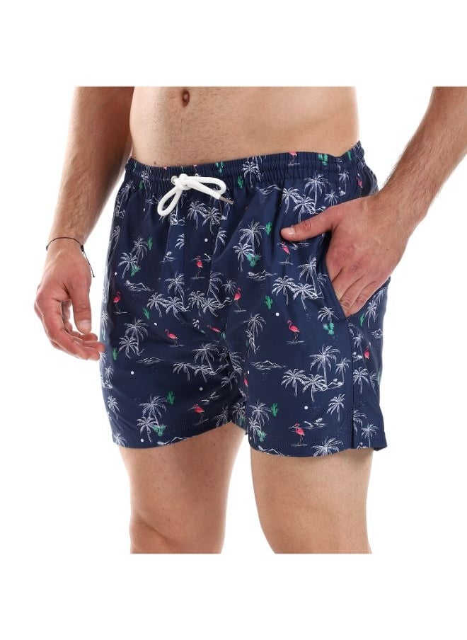 Pavone - Flamingo & Palm Trees Patterned Elastic Waist Swim Short - Navy Blue, White & Green-Multicolor - Image 1