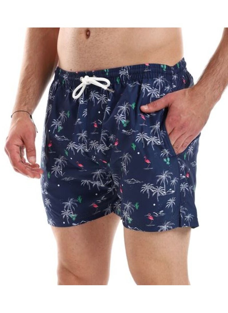 Pavone - Flamingo & Palm Trees Patterned Elastic Waist Swim Short - Navy Blue, White & Green-Multicolor - Image 1