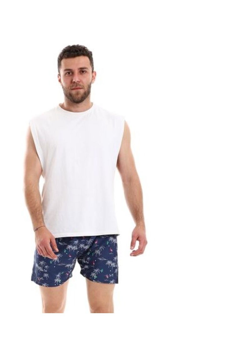 Pavone - Flamingo & Palm Trees Patterned Elastic Waist Swim Short - Navy Blue, White & Green-Multicolor - Image 1