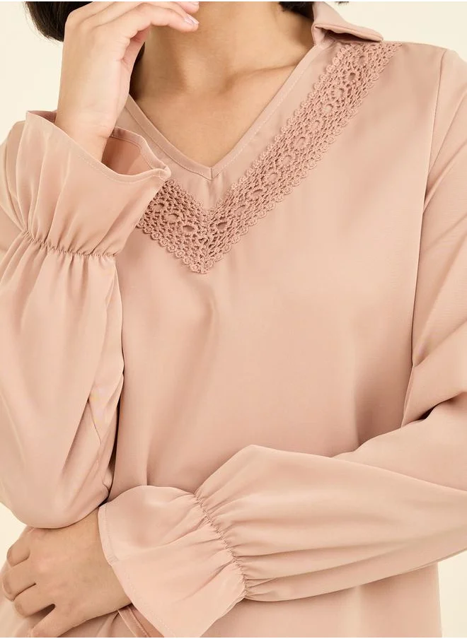 Styli Lace Detail Collared Shift Midi Dress