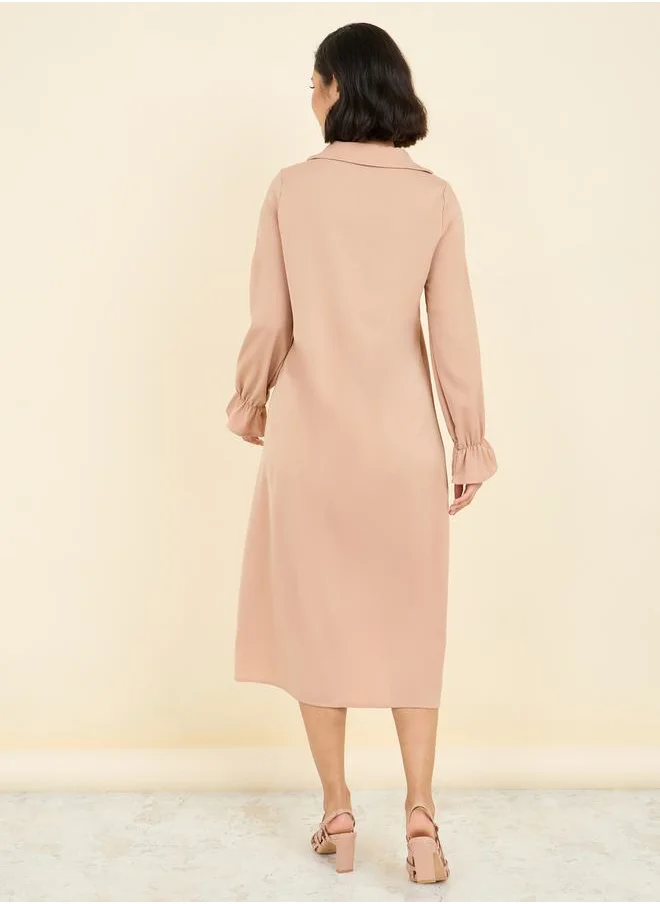 Styli Lace Detail Collared Shift Midi Dress