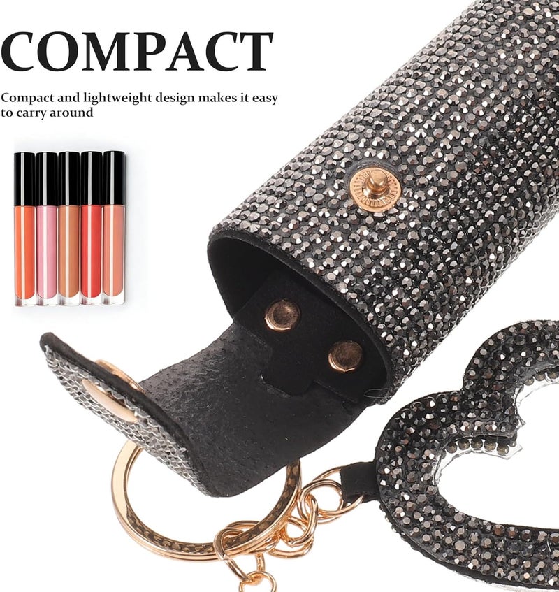 Lipstick Keychain Holder: Rhinestone Lip Gloss Holder with Mirror - Small Lipstick Pouch for Purse and Bag - Mini Travel Makeup Organizer, Mother's Day, Black - Image 3