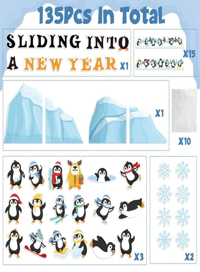 Haooryx Winter Sliding Into A New Year Penguin Bulletin Board Set - 135Pcs Penguin Paper Cut-Outs Blackboard Border Nametag Set for Christmas Party Home School Classroom Whiteboard Window Wall Decor - Image 2