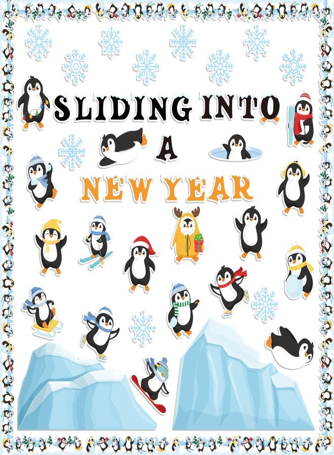 Haooryx Winter Sliding Into A New Year Penguin Bulletin Board Set - 135Pcs Penguin Paper Cut-Outs Blackboard Border Nametag Set for Christmas Party Home School Classroom Whiteboard Window Wall Decor - Image 1