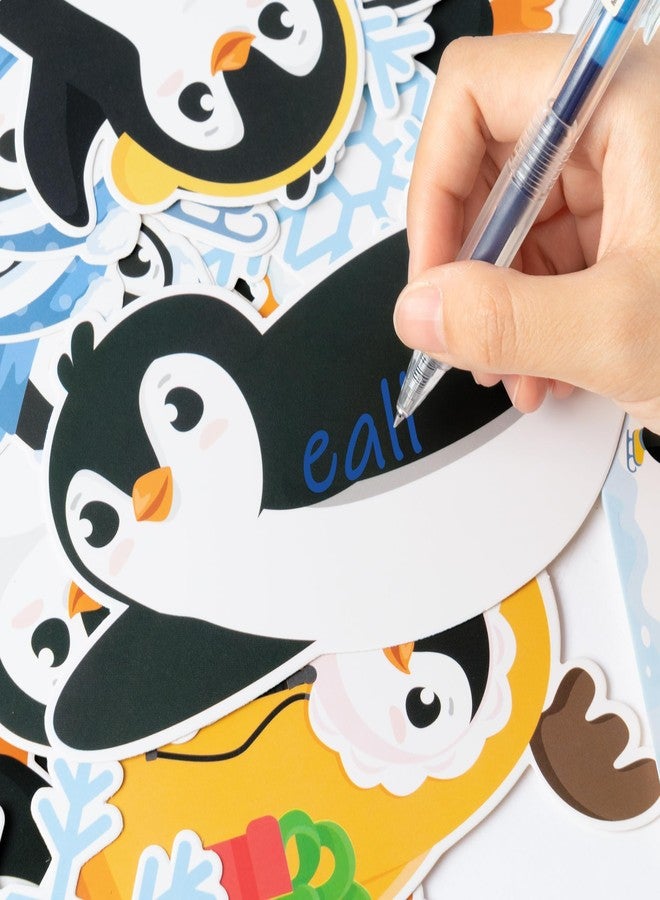 Haooryx Winter Sliding Into A New Year Penguin Bulletin Board Set - 135Pcs Penguin Paper Cut-Outs Blackboard Border Nametag Set for Christmas Party Home School Classroom Whiteboard Window Wall Decor - Image 4