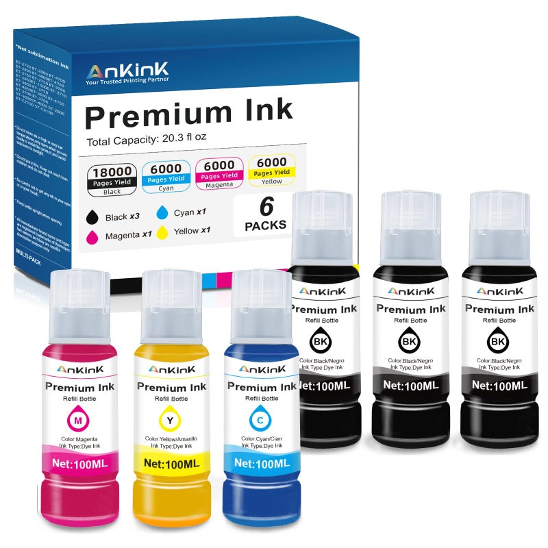 Ankink Ink Refill Bottles Replacement for 502 522 Ink Bottle Fit for Epson T522 ET-2800 ET-2803 ET-2700 ET-2720 ET-2760 ET-3750 ET-3760 ET-4700 ET-2750 ET-4800 ET-2850 Printers (Black Color 6 Pack) - Image 1