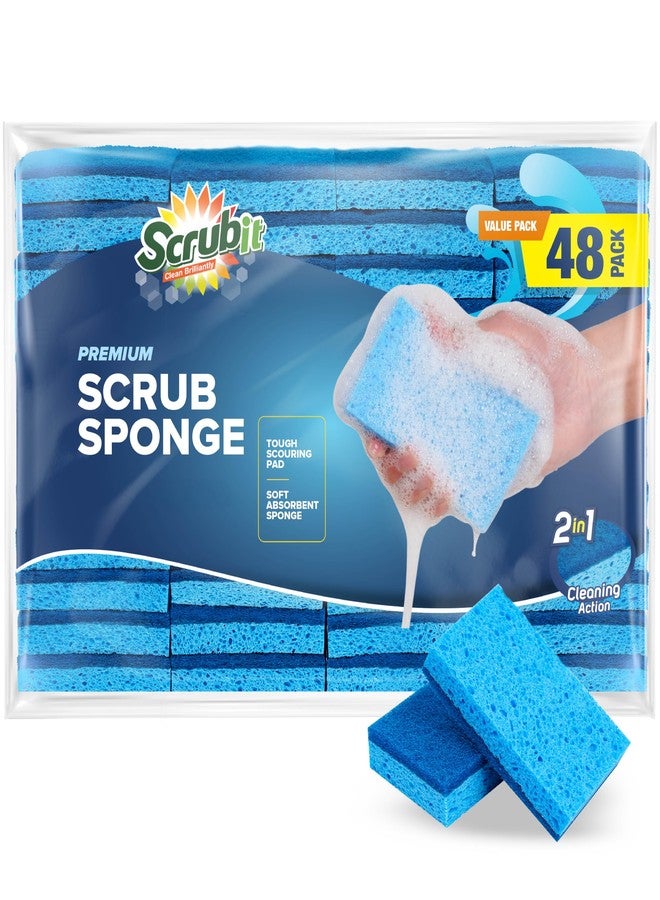 SCRUBIT 48 Pack Kitchen Sponges - Dish Sponge for Washing Dishes, Kitchen & Bathroom - Blue Dishwashing Sponges Along with A Thought Scrubber - Bulk Cleaning sponges Kitchen (Blue) - Image 1