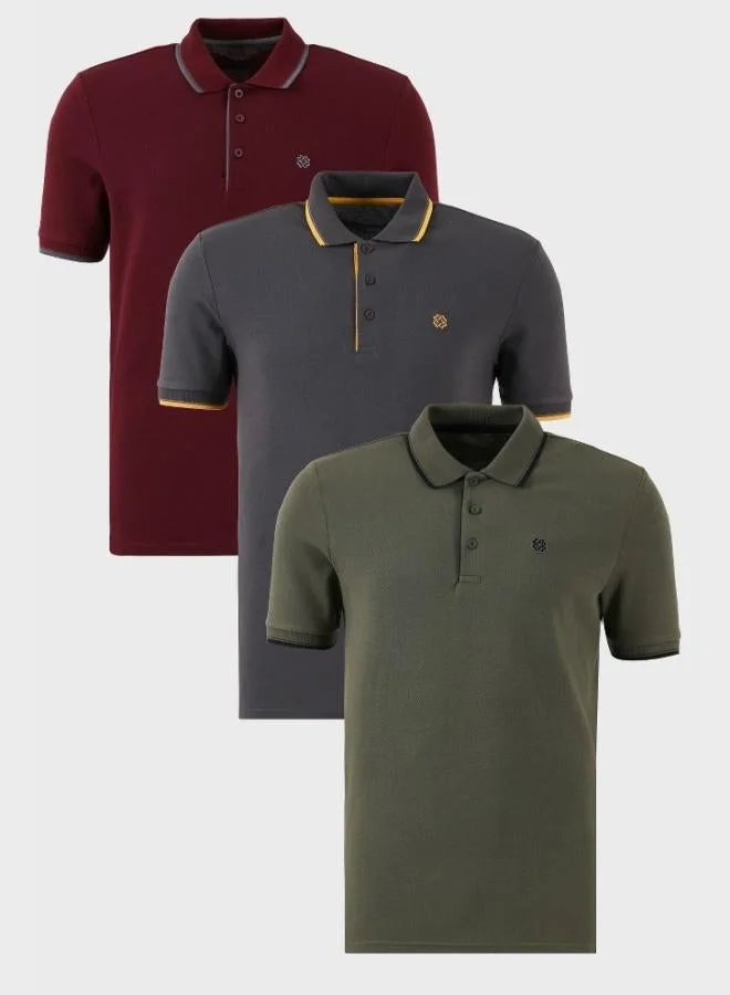 بوراتي تيشيرت رجالي بولو قطن بياقة قميص تفاصيل خطوط مقاس ضيق عبوة من  قطع