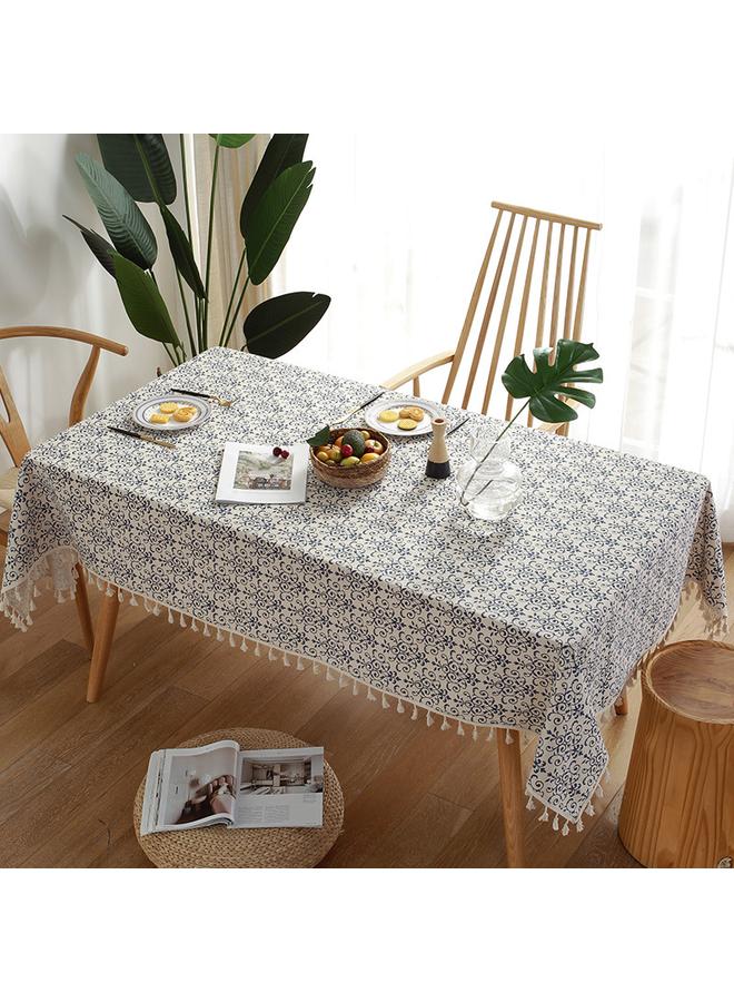 Bluejw Cloth Dad New Chinese Style Retro Blue And White Porcelain Cotton Linen Ins Rectangular Dining Table Tablecloth Tassel Table Mat Coffee Table Tablecloth - Image 3