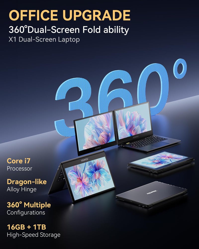 ACEMAGIC Dual Screen Laptop Computer 14" Dual Screen laptop with i7 processor, Convertible Screen Laptop. Windows 11 Business Laptop, 16GB RAM 1TB SSD, WIFI-6, Metal Shell, Webcam, Type-C, USB3.2, HDMI, Black - Image 3