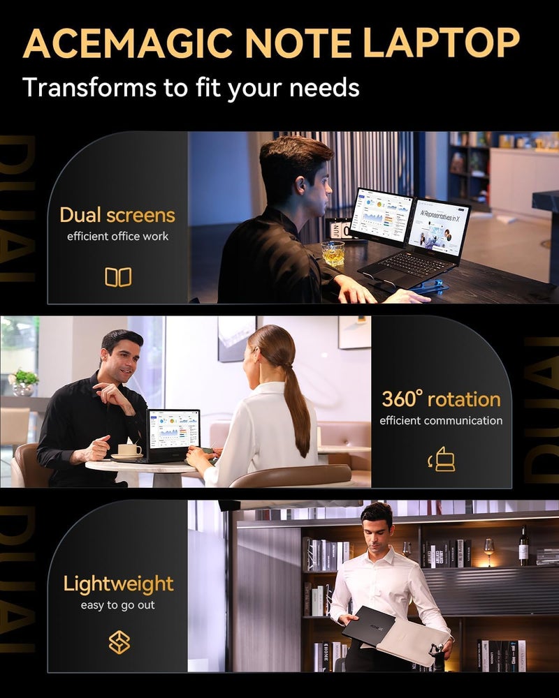 ACEMAGIC Dual Screen Laptop Computer 14" Dual Screen laptop with i7 processor, Convertible Screen Laptop. Windows 11 Business Laptop, 16GB RAM 1TB SSD, WIFI-6, Metal Shell, Webcam, Type-C, USB3.2, HDMI, Black - Image 5