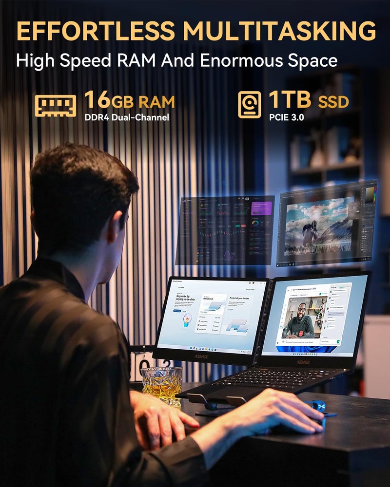 ACEMAGIC Dual Screen Laptop Computer 14" Dual Screen laptop with i7 processor, Convertible Screen Laptop. Windows 11 Business Laptop, 16GB RAM 1TB SSD, WIFI-6, Metal Shell, Webcam, Type-C, USB3.2, HDMI, Black - Image 2