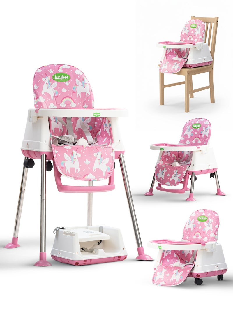 BAYBEE 7 In 1 Nuvella Convertible Baby High Chair For Kids With Adjustable Height And Footrest Baby Chair Toddler Feeding Chair Booster Seat With Food Tray, Wheels &  Safety Belt Kids High Chair For Baby Toddlers 6 Months To 4 Years Pink - Image 1