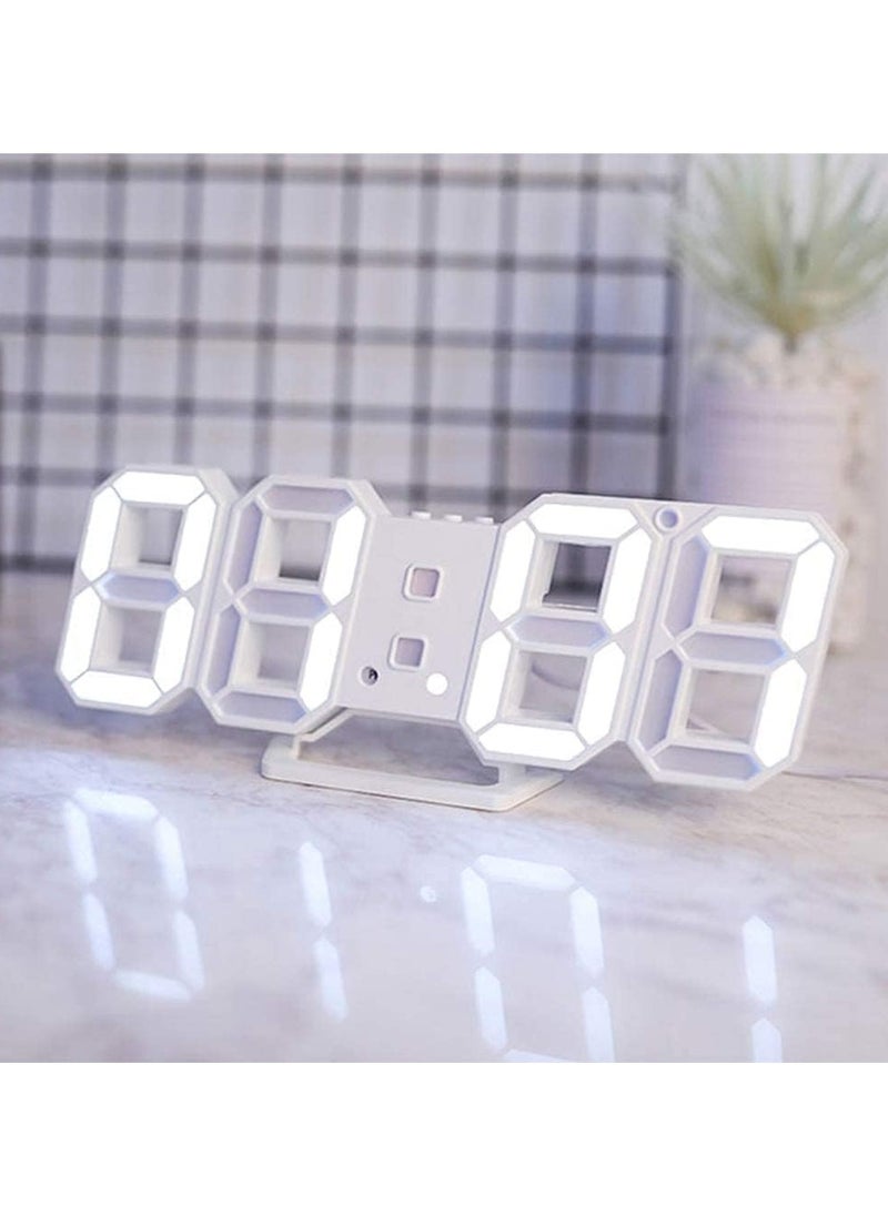 3D Wall Led Alarm Digital Clock White Number Time Clock with Automatic Brightness Adjustable, 12/24 Hr Time/Date Temperature Display, Electric Nightlight Alarm Clock for Modern Home Decoration