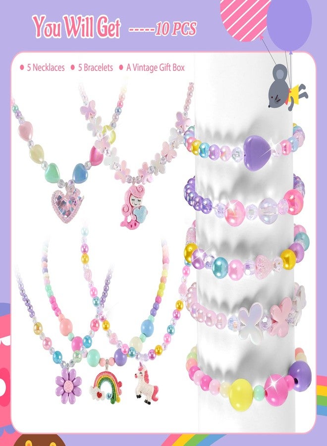 Faburo 10pcs Kids Jewelry for Girls -5 Necklaces, 5 Bracelets, Little Girls Jewelry Kids Mermaid Necklace for girls, Toddler Jewelrys Necklace Birthday Christmas Gift Age 3 4 6 8 - Image 3