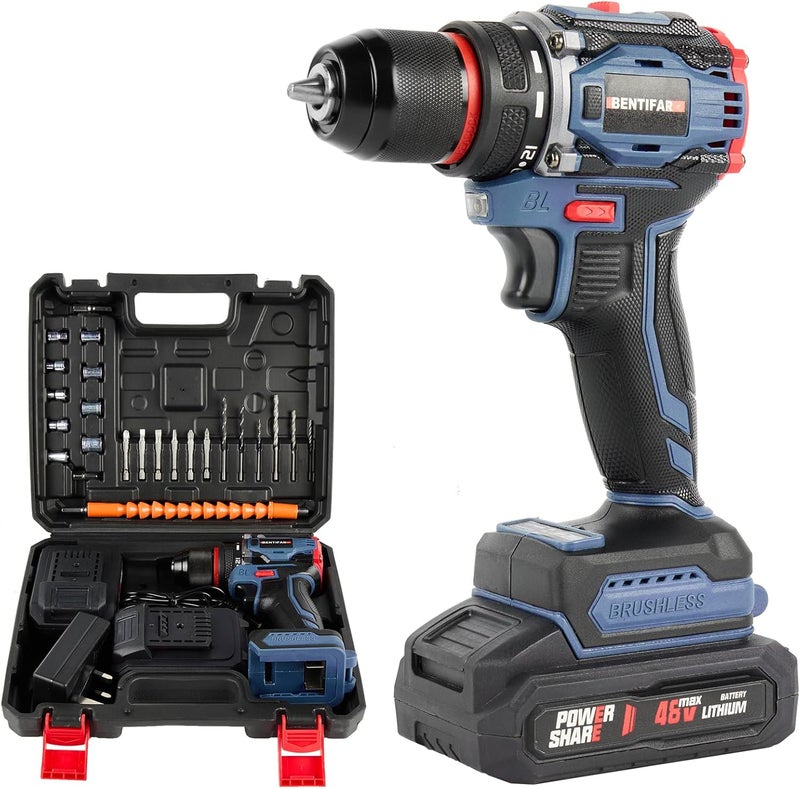 Bentifar 48V Cordless Drill Set, Brushless Electric Drill With 2 Batteries And Charger, 2-Speed Power Drill Driver With 50 Torque Settings, Built-In Led Light, And Storage Case (Blue-A) - Image 1