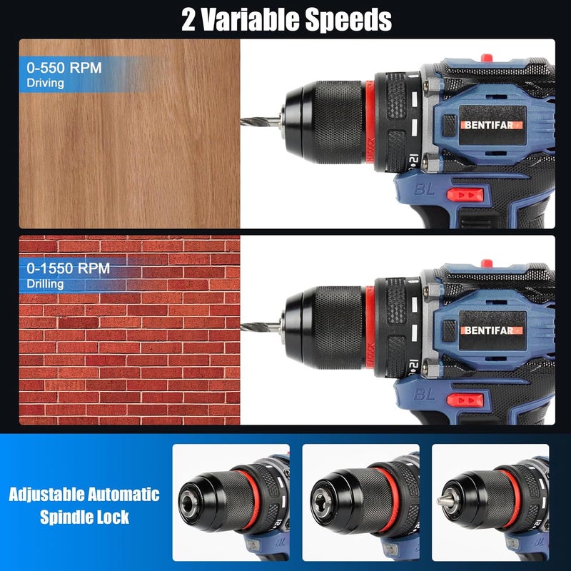 Bentifar 48V Cordless Drill Set, Brushless Electric Drill With 2 Batteries And Charger, 2-Speed Power Drill Driver With 50 Torque Settings, Built-In Led Light, And Storage Case (Blue-A) - Image 4