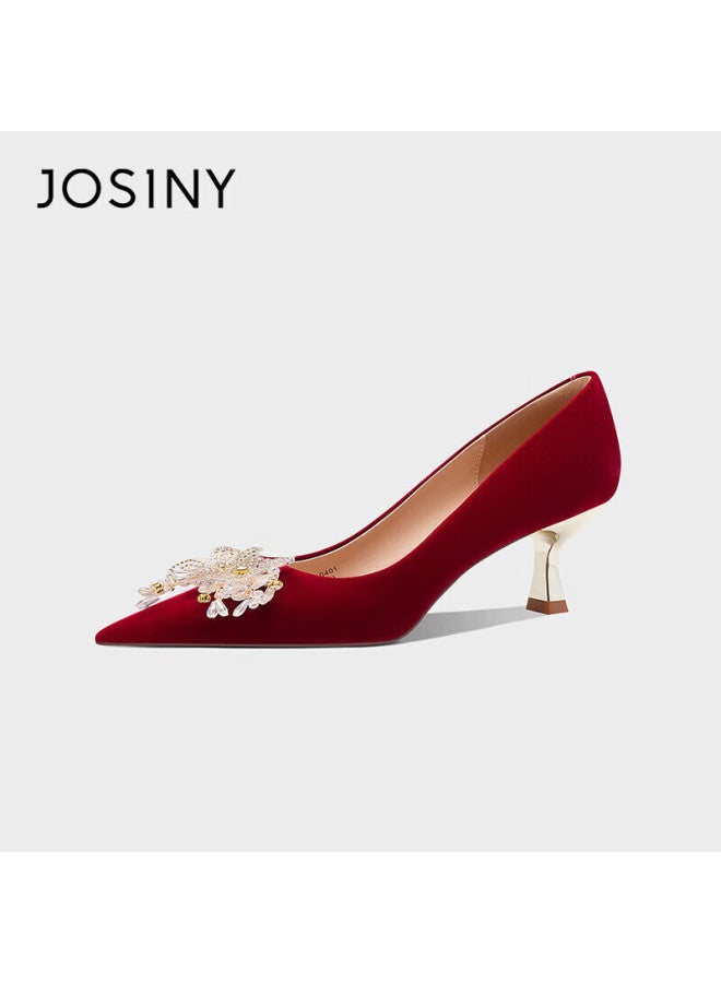 Josiny Bridal Wedding Shoes Women's Dual-wear Comfortable Red Engagement Shoes French Elegant High Heels Red Size 39 - Image 1