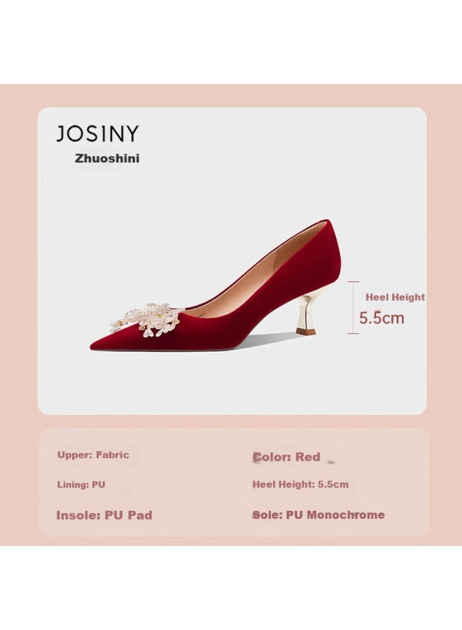 Josiny Bridal Wedding Shoes Women's Dual-wear Comfortable Red Engagement Shoes French Elegant High Heels Red Size 39 - Image 2
