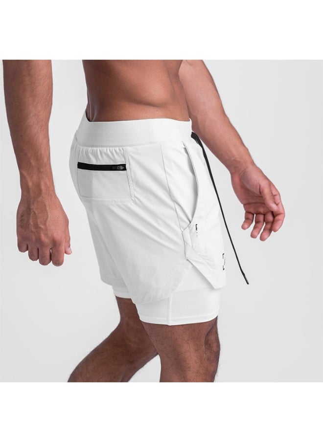 Loquat Five-Point Sports Shorts Quick Drying Double Layer Basketball Pants Anti-Light Running Fitness Summer White  - Image 1