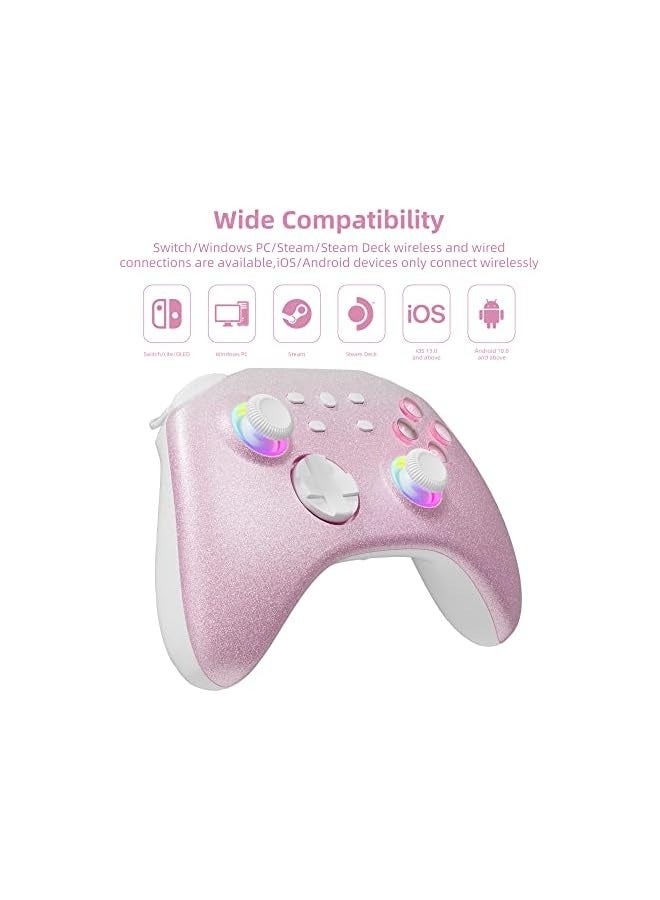Pink Wireless Switch Controller Compatible with Switch, Windows PC iOS Android Steam/Steam Deck, Bluetooth Pro Controller with RGB Light Turbo, Motion, Vibration, Wake-Up, Headphone Jack