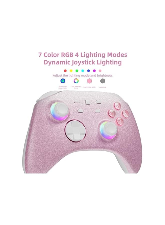 Pink Wireless Switch Controller Compatible with Switch, Windows PC iOS Android Steam/Steam Deck, Bluetooth Pro Controller with RGB Light Turbo, Motion, Vibration, Wake-Up, Headphone Jack