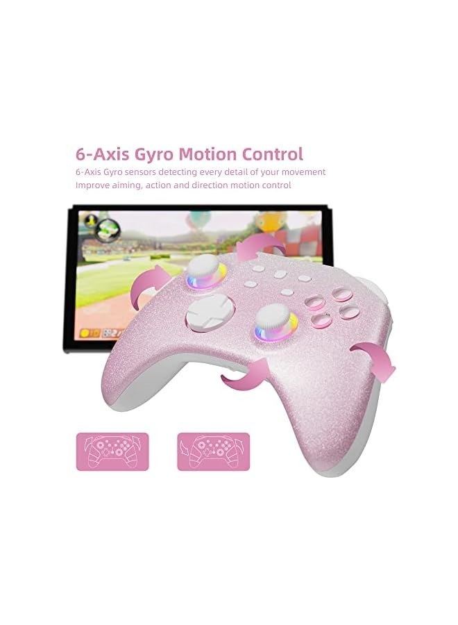 Pink Wireless Switch Controller Compatible with Switch, Windows PC iOS Android Steam/Steam Deck, Bluetooth Pro Controller with RGB Light Turbo, Motion, Vibration, Wake-Up, Headphone Jack