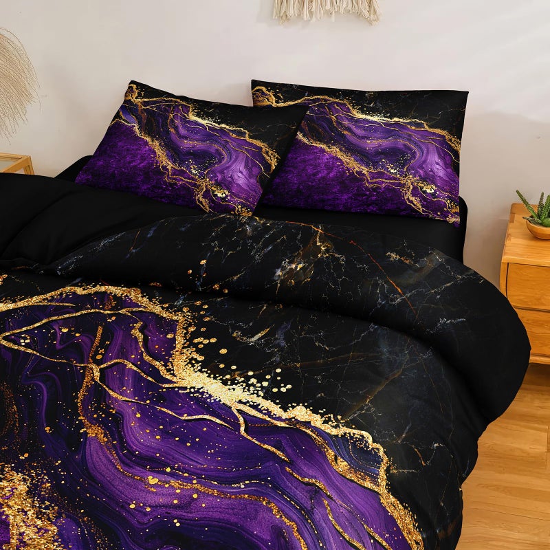 Bedorm Black Gold Comforter Set Purple Marble Bedding Set Queen Size Black Marble Stone Abstract Artwork Bedroom Decor Black Marble Comforter Sets for All Season - Image 5