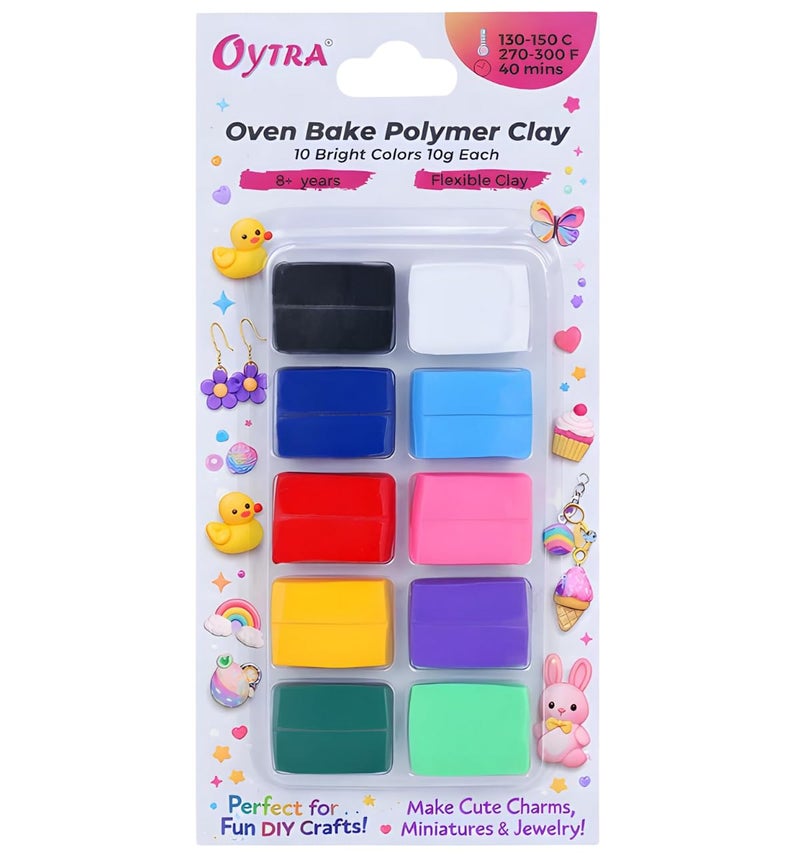 Oytra 10 Color Polymer Clay Make and Oven Bake Soft Set for Jewellery Earrings Making Sculpting Miniatures DIY Art Non Air Dry Plasticine PVC Material Beginner Professional Baking Adults Kids (Bright) - Image 1