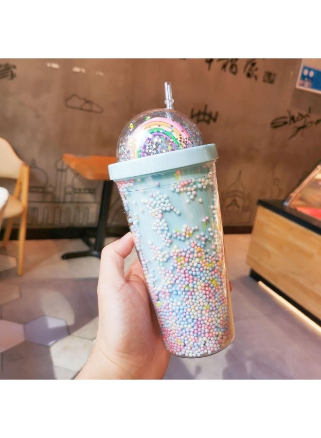 550ml Drinking Water Bottle, Cartoon Cute Cup with Straw, Double Plastic BPA Free Woman Girl Water Bottle, Korean Style Creative Sweet Mug For Milk Coffee Tea Cup (Blue) - Image 1