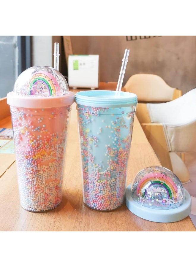 550ml Drinking Water Bottle, Cartoon Cute Cup with Straw, Double Plastic BPA Free Woman Girl Water Bottle, Korean Style Creative Sweet Mug For Milk Coffee Tea Cup (Blue) - Image 3